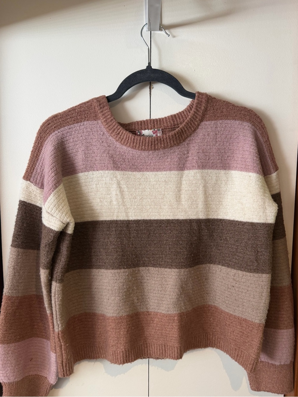 Pink Republic Striped Crewneck Sweater in Pink, Cream & Brown - Size Small